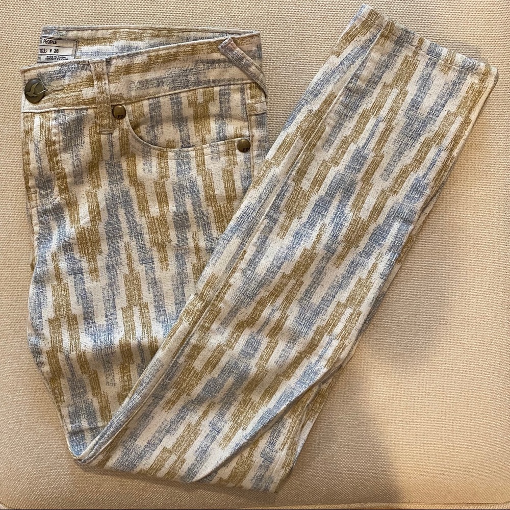 Free People Blue & Green Geometric Ankle Jeans
